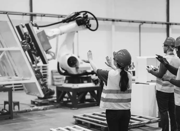 Multiethnic engineers using futuristic augmented reality glasses inside robotic factory – Industrial and technology concept – Focus on senior woman hat Multiethnic engineers using futuristic augmented reality glasses inside robotic factory - Industrial and technology concept - Focus on senior woman hat